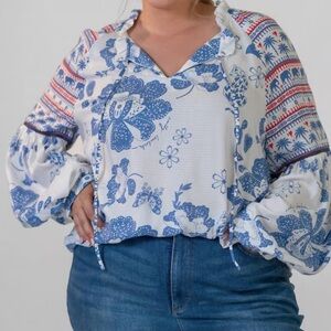 Emily Lovelock Blue and White Floral Mixed Print Blouse